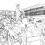 A drawing of a group of people having an orgy at the bar.