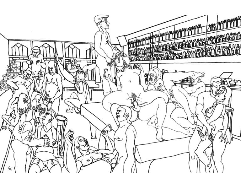 A drawing of a group of people having an orgy at the bar.