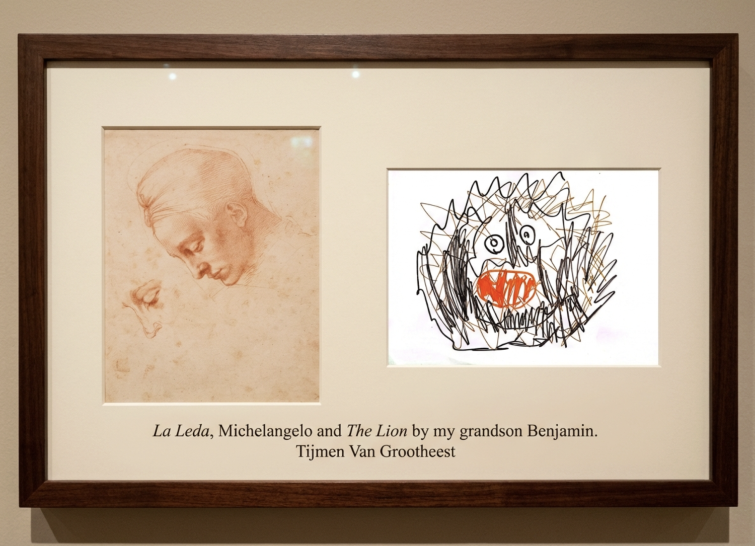 A framed display with two artworks: a detailed sketch of a woman's profile on the left and a colorful, childlike lion on the right. This art curation juxtaposition asks, "What is art?" Caption credits Michelangelo and grandson Benjamin.
