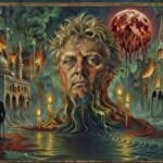 Surrealist digital painting of Theo van Gogh's face dissolving into blood-tinged water, surrounded by burning mosques and churches, melting clocks, dripping blood moon, candlelight, and a dark silhouette, framed in an ornate golden border with occult symbols