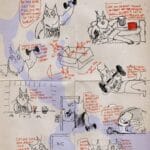 A comic titled Purring Lucifer, rooted in independent comic art, shows a muscular, anthropomorphic cat lifting weights, drinking from a mug, and talking with a kitten about loneliness and life through humorous, existential dialogue.