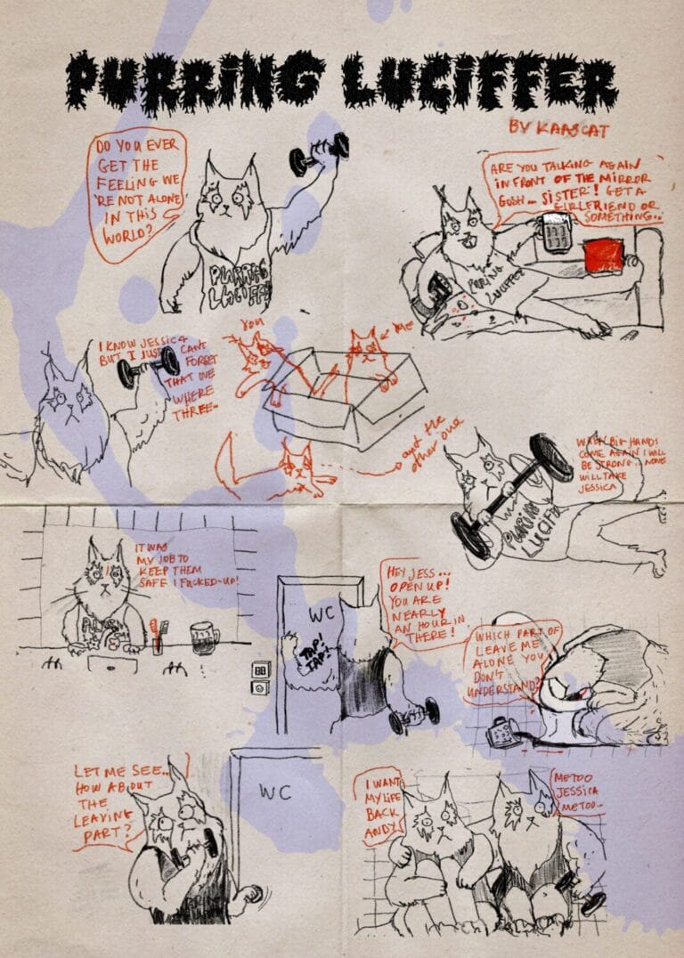 A comic titled Purring Lucifer, rooted in independent comic art, shows a muscular, anthropomorphic cat lifting weights, drinking from a mug, and talking with a kitten about loneliness and life through humorous, existential dialogue.