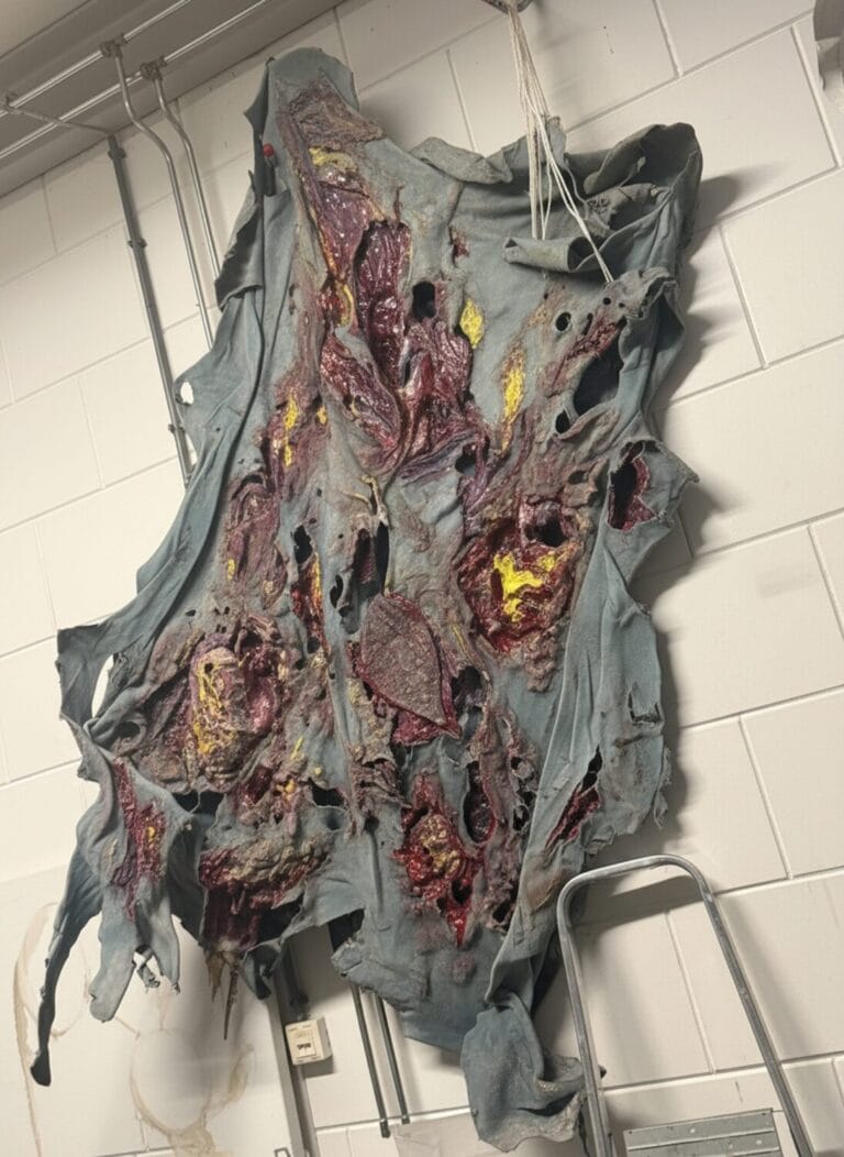 Ruth Spetter. The image depicts a piece of fabric or clothing that appears to be in a state of severe deterioration and decay. The material has a rotten, damaged texture and is dominated by grayish-purple and light blue tones. Its surface is characterized by numerous tears, depressions, and wrinkles, with scattered small red spots visible in certain areas. The background shows an indoor environment featuring metal chairs, highlighting the old and ruined condition of the fabric. There are no documents or tables present in the scene.