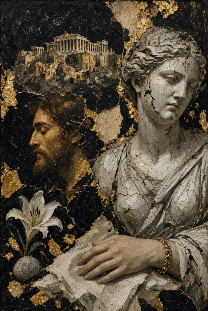 Cracked gold-leaf collage of the Acropolis at night, a bearded man in profile, a marble Aphrodite, a woman’s braceleted hand, a white lily and a stone.
